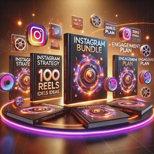 Peut inclure: Une illustration numérique de plusieurs livres noirs avec les titres "Instagram Bundle", "Instagram Strategy" et "Engagement Plan". Les livres sont entourés d'icônes Instagram et d'un cercle néon brillant. La palette de couleurs est principalement noire, orange et violette.