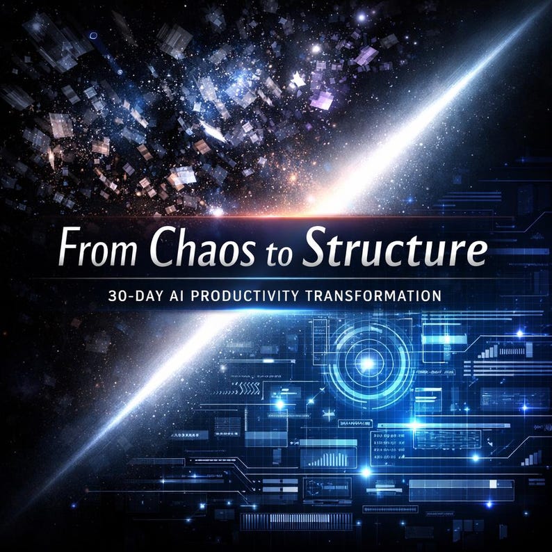 May include: Digital art with a futuristic theme. The image features a bright white light streak across a dark background with a cosmic design. Text reads "From Chaos to Structure" and "30-DAY AI PRODUCTIVITY TRANSFORMATION".