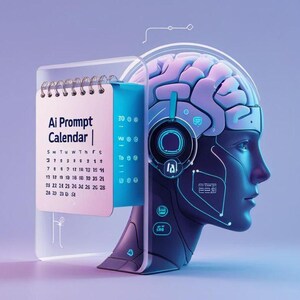 May include: A futuristic illustration features a robotic head with a glowing brain and a calendar labeled "AI Prompt Calendar." The calendar is open to a month view. The color palette includes shades of blue, purple, and white, creating a tech-inspired aesthetic.