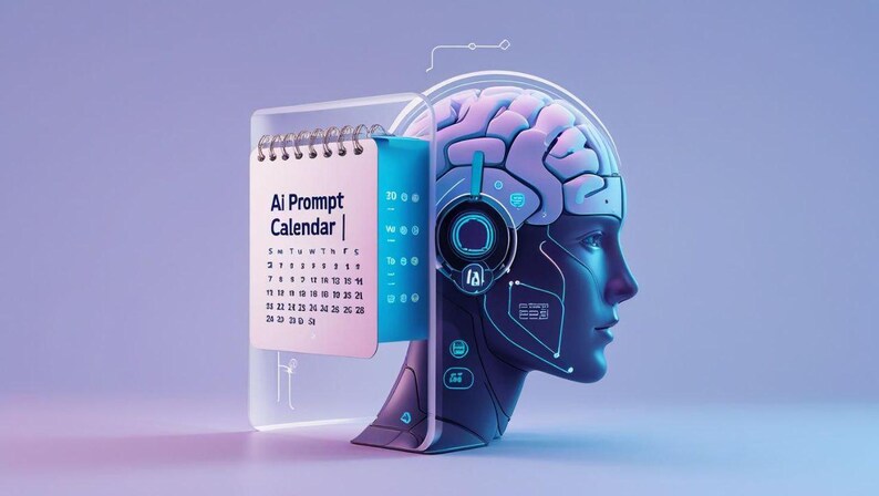 May include: A futuristic illustration features a robotic head with a glowing brain and a calendar labeled "AI Prompt Calendar." The calendar is open to a month view. The color palette includes shades of blue, purple, and white, creating a tech-inspired aesthetic.