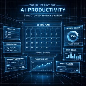 May include: A digital interface with a blue and white color scheme, displaying a 30-day plan, to-do list, and progress tracker. The text reads "AI Productivity" and "Structured 30-Day System". Includes a calendar, charts, and habit tracker.