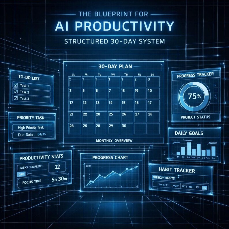 May include: A digital interface with a blue and white color scheme, displaying a 30-day plan, to-do list, and progress tracker. The text reads "AI Productivity" and "Structured 30-Day System". Includes a calendar, charts, and habit tracker.