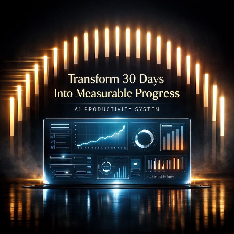 May include: A digital display with glowing blue data visualizations, including charts and graphs, is the focal point. The text "Transform 30 Days Into Measurable Progress" and "AI PRODUCTIVITY SYSTEM" are displayed above the screen. The background features a series of vertical light bars.