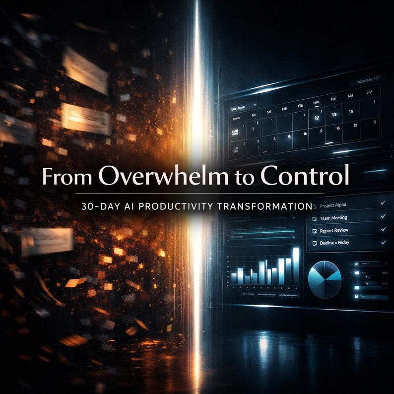 May include: A digital graphic with the text "From Overwhelm to Control" and "30-DAY AI PRODUCTIVITY TRANSFORMATION." The image features a calendar, charts, and a pie graph, with a bright light emanating from the center.