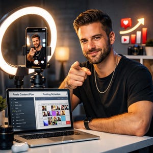 Peut inclure: Un homme pointe vers la caméra, assis à un bureau avec un ordinateur portable et un smartphone. L'ordinateur portable affiche un plan de contenu et un calendrier de publication. Un anneau lumineux et des icônes de médias sociaux sont en arrière-plan. L'homme porte un t-shirt noir et une chaîne dorée.