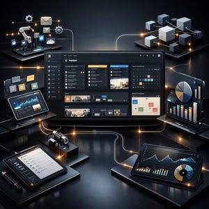 Op de afbeelding: Een digitaal werkplekconcept met een laptop en meerdere tablets die datavisualisaties en de "Notion"-interface weergeven. De scène bevat onderling verbonden digitale elementen, wat wijst op een focus op productiviteit en data-analyse, tegen een donkere, moderne achtergrond.