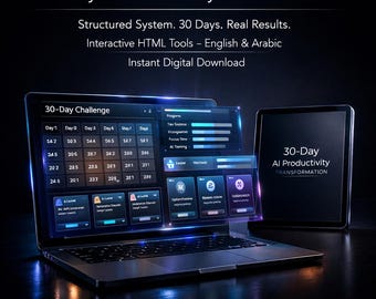 Transformación de productividad con IA en 30 días | Planificador digital y sistema HTML interactivo | Inglés y árabe | Descarga instantánea