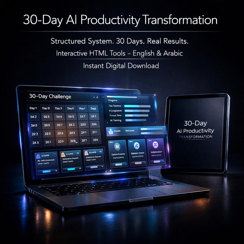 May include: A laptop and tablet display the text "30-Day AI Productivity Transformation." The laptop screen shows a 30-day challenge interface with data and interactive HTML tools. The tablet displays the same title. The image promotes a digital download.