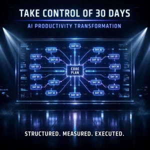 May include: A digital graphic with the text "TAKE CONTROL OF 30 DAYS" and "AI PRODUCTIVITY TRANSFORMATION." A central "CORE PLAN" is connected to various "DAY" entries, with the words "STRUCTURED. MEASURED. EXECUTED." at the bottom.