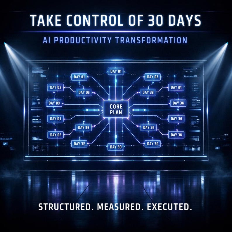 May include: A digital graphic with the text "TAKE CONTROL OF 30 DAYS" and "AI PRODUCTIVITY TRANSFORMATION." A central "CORE PLAN" is connected to various "DAY" entries, with the words "STRUCTURED. MEASURED. EXECUTED." at the bottom.