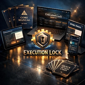 Può includere: Un'immagine che mostra una suite di prodotti digitali, tra cui un laptop, tablet e smartphone, tutti che mostrano l'interfaccia "Execution Lock". Manuali e schede di azione rapida accompagnano i dispositivi. Uno scudo dorato e nero con una serratura è l'elemento centrale.