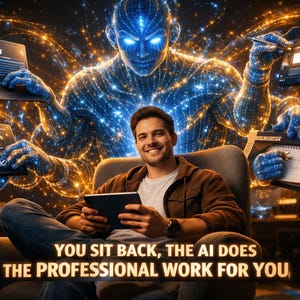 Peut inclure: Illustration numérique d'un homme utilisant une tablette, avec une figure d'IA gérant des ordinateurs portables et un calendrier. Le texte dit : « VOUS VOUS REPOSEZ, L'IA FAIT LE TRAVAIL PROFESSIONNEL POUR VOUS. »