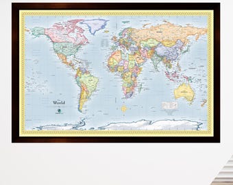 Mapa de viaje magnético personalizado / Mapa del mundo / Enmarcado / Nombre y mensaje personalizados / Juego de 30 pines magnéticos incluido / Azul océano