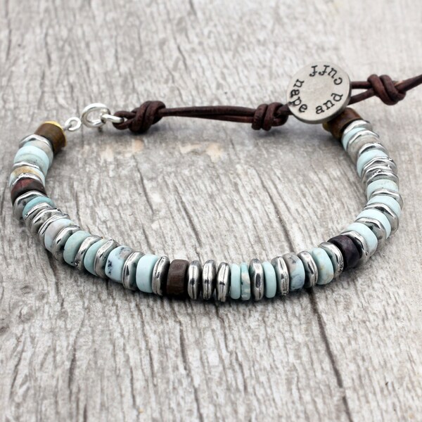 Ice Blue Turquoise and Leather Bracelet for Men