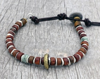 Red Jasper and Leather Bracelet for Men