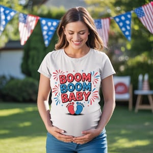 Koszulka Boom Boom Baby, Koszulka ciążowa 4 lipca, Koszulka z okazji Dnia Niepodległości Ameryki, Prezent na Baby Shower, Koszulka dla dziewczynki w ciąży, Letnia dziewczyna w ciąży