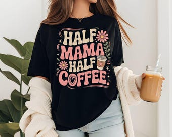 Half Mom Half Coffee Retro Bow Tee for Cool Moms | Trendy Aesthetic Checkered Coffee Mom Shirt | Funny Caffeine Lover Mother's Day Top