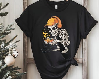 Bruh Skeleton Gamer Kids Shirt, Funny Halloween Gaming Tee, Spooky Video Game Youth Top, Retro Gamer Controller Skeleton T-Shirt