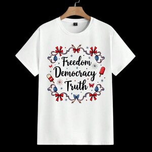 Patriotic Subtle FDT T-shirt, Freedom Democracy Truth Tee, 4th of July Bow Shirt, Activist Crewneck, Women’s Patriotic Gift, Liberal Protest