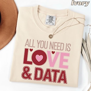 Puede incluir: Sudadera de color marfil con el texto "ALL YOU NEED IS LOVE & DATA" en rojo y rosa. La palabra "LOVE" presenta un diseño de corazón. Un collar dorado con un colgante está sobre la camisa.