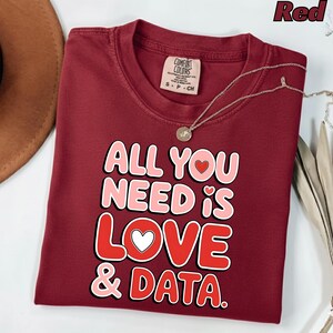 Könnte beinhalten: Ein weinrotes Comfort Colors T-Shirt mit dem Text "ALL YOU NEED IS LOVE & DATA" in Rosa und Rot. Eine silberne Halskette mit Anhänger liegt über dem Shirt. Das Wort "Red" befindet sich in der oberen rechten Ecke.