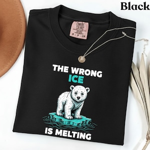 Puede incluir: Camiseta negra con el texto "THE WRONG ICE IS MELTING" y un gráfico de un oso polar sobre un témpano de hielo derritiéndose. La camiseta tiene cuello redondo y mangas cortas. Un collar plateado con un colgante está sobre la camiseta.
