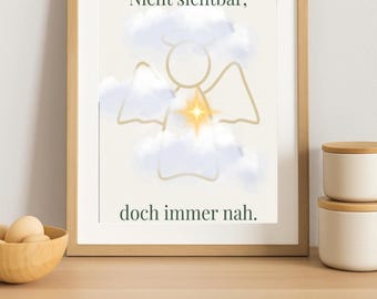 Puede incluir: Una impresión enmarcada con un dibujo lineal simple de un ángel con nubes y una estrella en el centro. El texto dice "Nicht sichtbar, doch immer nah."