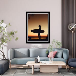 Surfing Girl, Surfing Sunset, Ocean Wall Art, Beach Decor, Surfing Lover Gift, Nature Photography Print