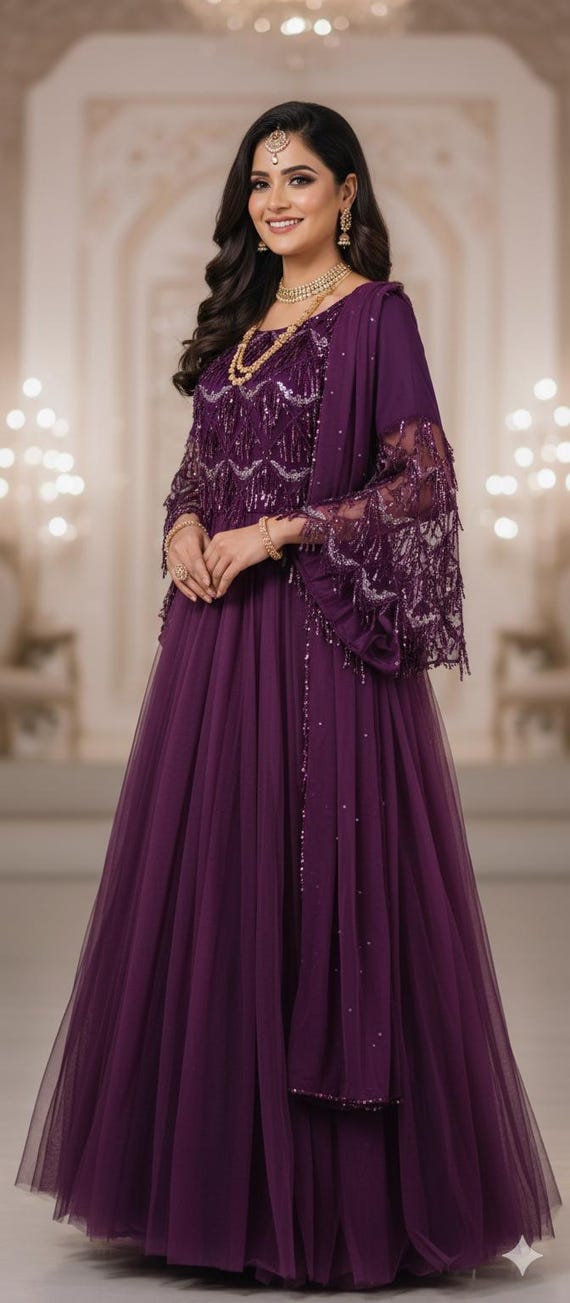 Purple Embroidered Maxi Dress | Elegant Long Sleeve Evening Gown