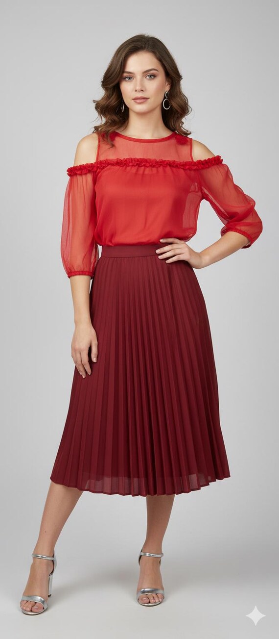 red chiffon midi dress | Cold Shoulder Valentine Outfit| Collage Parties Outfit| Trendy Top Designer: AQUILLORA the layered skirt creates Formal dresses Color:Brown Melange Men's Designer Dress Shoes