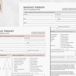 May include: A black and white client consultation form for massage therapy. The form includes sections for personal information, medical information, and massage information. The form includes a section for the client to indicate any areas of concern and a section for the client to indicate any medical conditions.