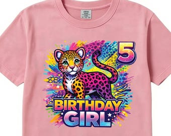Custom Rainbow 90s inspired Leopard Birthday Girl Shirt,Comfort,y2k colorful,Maximalist Adult Kids