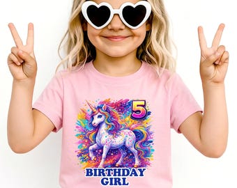 Customizable Rainbow Unicorn Birthday Girl T-Shirt, 90s Inspired Neon Unicorn Tee, Y2K Colorful Women Kids Shirt