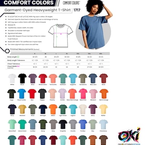May include: A Comfort Colors garment-dyed heavyweight t-shirt in a variety of colors. The image shows a woman wearing a blue t-shirt. The shirt has a classic rib collar and is made of soft, ring-spun cotton. The shirt sizes range from S to 4XL.