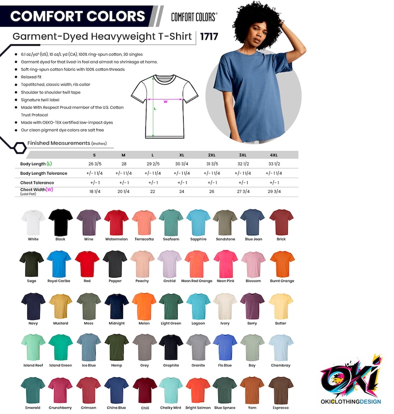 May include: A Comfort Colors garment-dyed heavyweight t-shirt in a variety of colors. The image shows a woman wearing a blue t-shirt. The shirt has a classic rib collar and is made of soft, ring-spun cotton. The shirt sizes range from S to 4XL.