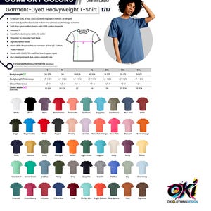 May include: A Comfort Colors 1717 garment-dyed heavyweight t-shirt size chart featuring a technical diagram, a list of product specifications, a table of finished measurements in inches, and a color palette grid displaying sixty-four distinct shirt colors.