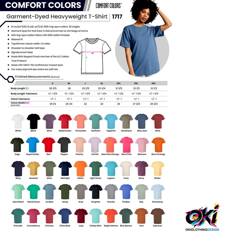 May include: A Comfort Colors 1717 garment-dyed heavyweight t-shirt size chart featuring a technical diagram, a list of product specifications, a table of finished measurements in inches, and a color palette grid displaying sixty-four distinct shirt colors.
