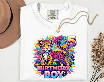 Custom Leopard Birthday Boy Shirt, Rainbow 90s Inspired, Y2K colorful maximalist design, personalized age, birthday party tee