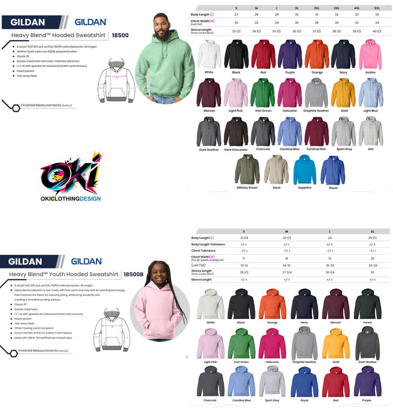 May include: A Gildan Heavy Blend hooded sweatshirt size chart for adults and youth, featuring a color palette of various solid shades, product specifications, and technical diagrams for the 18500 and 18500B models with detailed body length and chest width measurements.