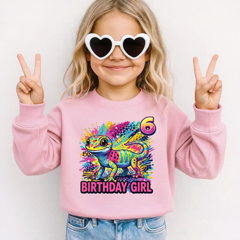 Custom Rainbow Gecko Birthday Shirt, 90s Inspired Reptile Tee, Y2K Colorful Kids Party Tee, Personalized Age Birthday Girl Boy T-Shirt image 7