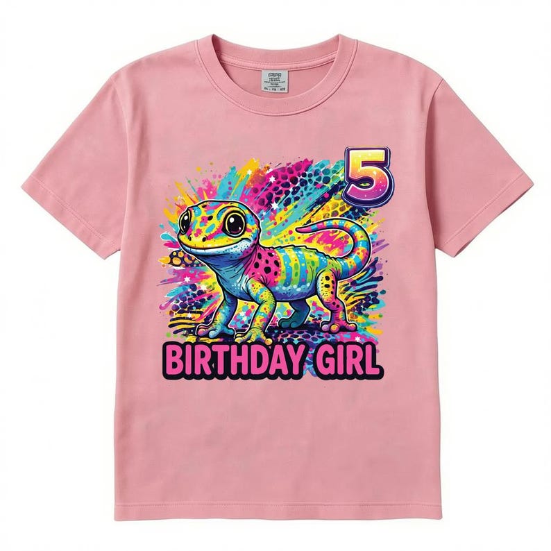 Custom Rainbow Gecko Birthday Shirt, 90s Inspired Reptile Tee, Y2K Colorful Kids Party Tee, Personalized Age Birthday Girl Boy T-Shirt image 8