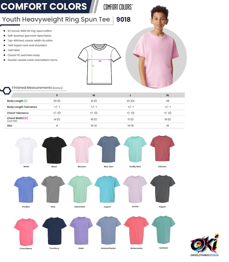 May include: A Comfort Colors youth heavyweight ring spun tee, model 9018, shown in light pink. The image includes a technical diagram with measurements in inches, a list of product features, and a color chart displaying eighteen available shades.