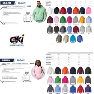 May include: A product image showcasing Gildan Heavy Blend hooded sweatshirts and youth hooded sweatshirts. The image displays a variety of colors, including black, white, and pink. Size charts and product details are also visible.