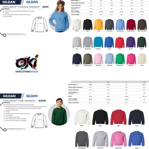 May include: Gildan 18000 adult and 18000B youth crewneck sweatshirts in various colors. The image displays technical specifications, size charts with measurements in inches, and color swatches for both styles, including the OKICLOTHINGDESIGN logo.