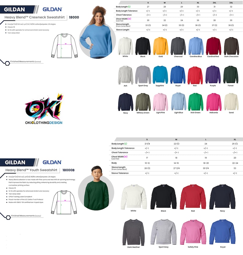 May include: Gildan 18000 adult and 18000B youth crewneck sweatshirts in various colors. The image displays technical specifications, size charts with measurements in inches, and color swatches for both styles, including the OKICLOTHINGDESIGN logo.