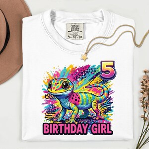 Custom Rainbow Gecko Birthday Shirt, 90s Inspired Reptile Tee, Y2K Colorful Kids Party Tee, Personalized Age Birthday Girl Boy T-Shirt image 9