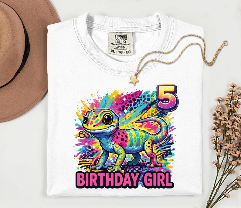 Custom Rainbow Gecko Birthday Shirt, 90s Inspired Reptile Tee, Y2K Colorful Kids Party Tee, Personalized Age Birthday Girl Boy T-Shirt image 9