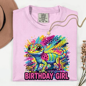 Custom Rainbow Gecko Birthday Shirt, 90s Inspired Reptile Tee, Y2K Colorful Kids Party Tee, Personalized Age Birthday Girl Boy T-Shirt image 10
