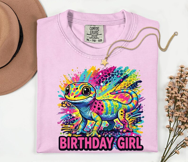 Custom Rainbow Gecko Birthday Shirt, 90s Inspired Reptile Tee, Y2K Colorful Kids Party Tee, Personalized Age Birthday Girl Boy T-Shirt image 10
