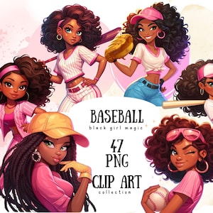 47 schwarze Mädchen Baseball Clipart | Rosa Sportliche Ästhetik | Niedliche digitale Aufkleber | Femininer PNG-Download für Planer, Handwerk, Sublimation